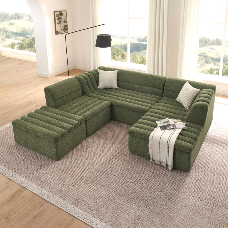 Canapé modulaire en forme de U de 135 po avec méridienne et repose-pieds mobile, Chenille verte