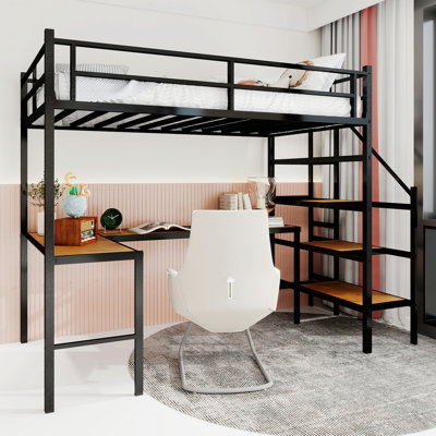 Lit mezzanine avec bureau en L, structure de lit avec escalier