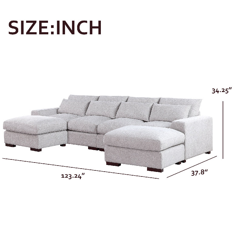 Tatman Linen Blend Sectional With 2 Ottomans,U-Shape Sectional Sofa Couch, Gray Linen