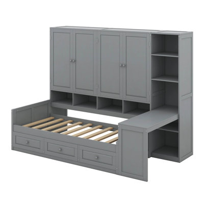 Modern Daybed With All-In-One Cabinet, Desk And Shelves, Wooden Daybed Sofa Bed Frame With 3 Drawers by Red Barrel Studio