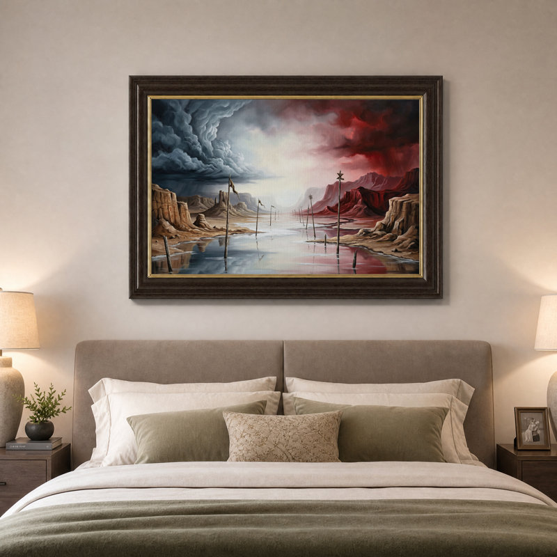 Tableau sur toile représentant une rivière de canyon rocheux avec des poteaux en bois et un ciel rouge, H 16 po x l 24 po