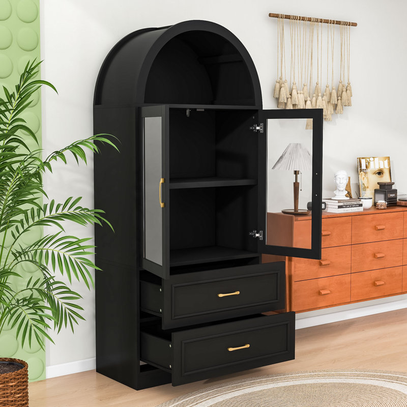 Grande armoire de rangement arquée avec portes et tiroirs en verre, bibliothèque autoportante avec charnières à fermeture en douceur