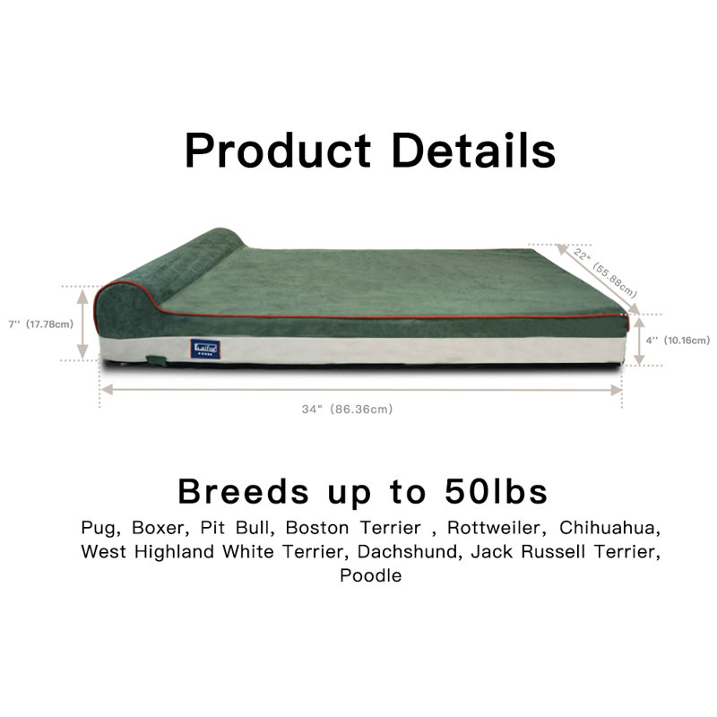 Orthopedic Suede Pet Bed, 34" W x 22" D x 7" H, Green
