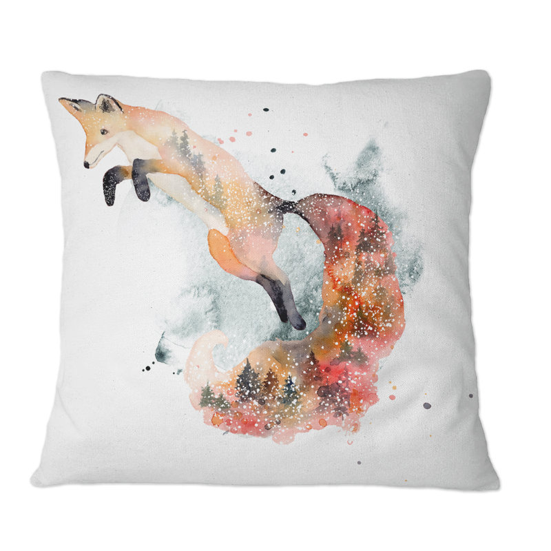 Dessin de renard orange II - coussin décoratif traditionnel imprimé, 16 po x 16 po
