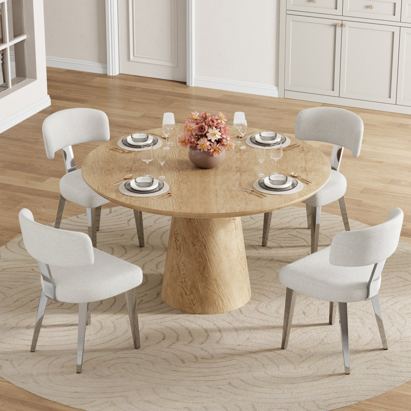 Ensemble de salle à manger rond 5 pièces avec table à pied centrale et chaises rembourrées, Beige, White