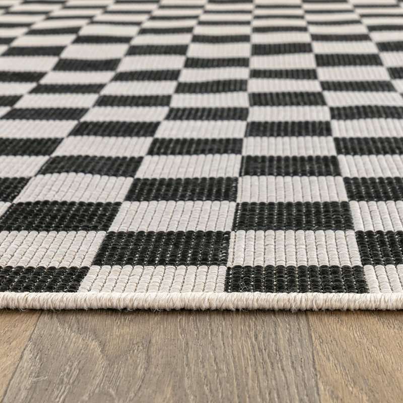 Tapis intérieur / extérieur contemporain à carreaux réversible résistant aux intempéries, Tapis de couloir de 2 pi x 7 pi