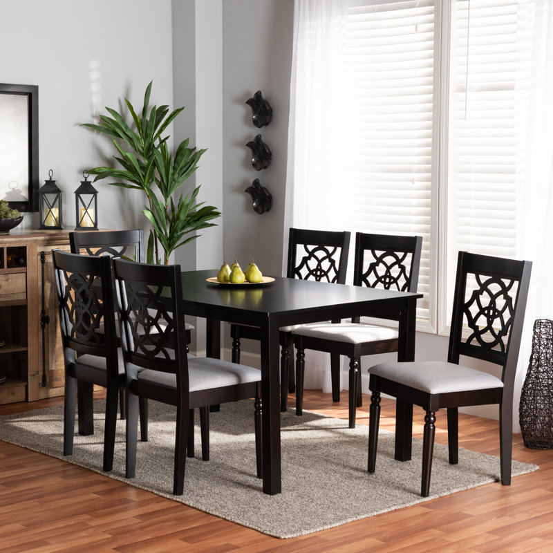 Lebanon Grey Fabric 7-Pc Dining Set in and Dark Brown Finished Wood, 37.4'' H X 18.1'' W X 20.3'' D, Dark Brown