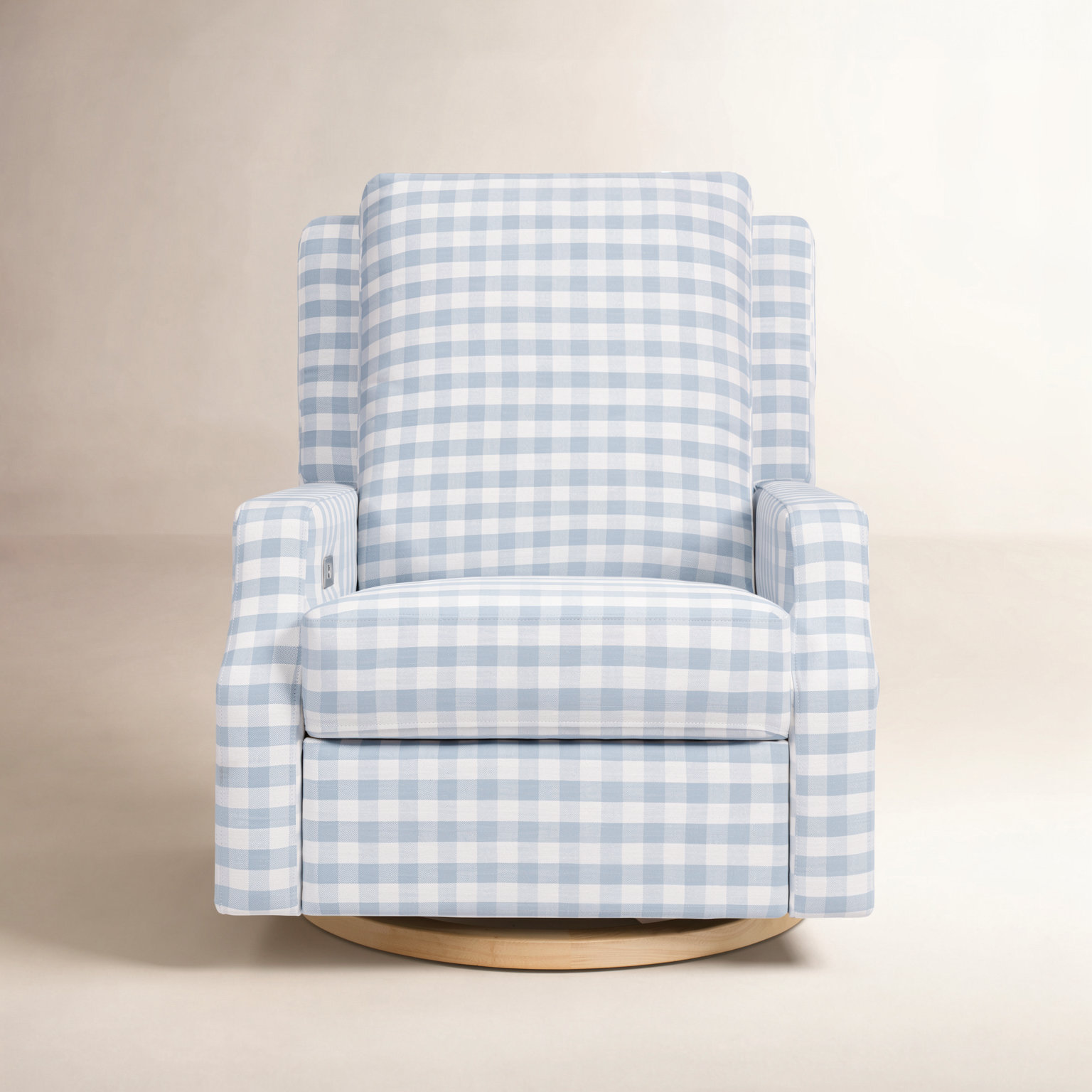 Crewe Swivel Glider, Blue Gingham with Light Wood Base