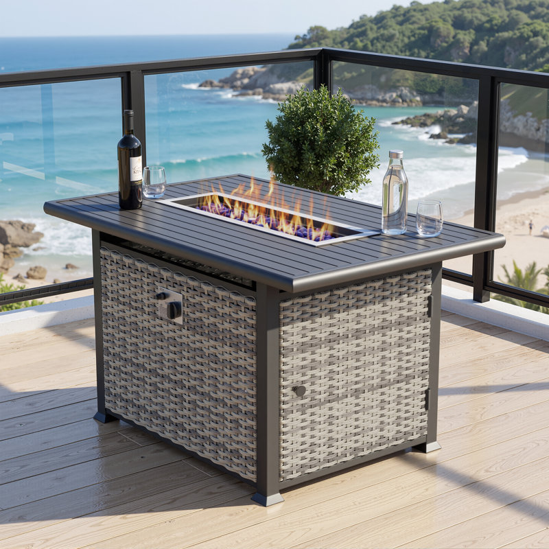 43.3'' Outdoor Propane Fire Pit Table, 55,000 BTU, Aluminum Tabletop & All-Weather HDPE Wicker Base, Includes Black Rain Cover