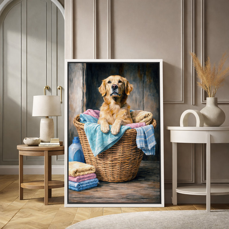 «Golden Retriever in Laundry Laundry», reproduction d'art sur toile encadrée, impression sur toile, Cadre blanc
