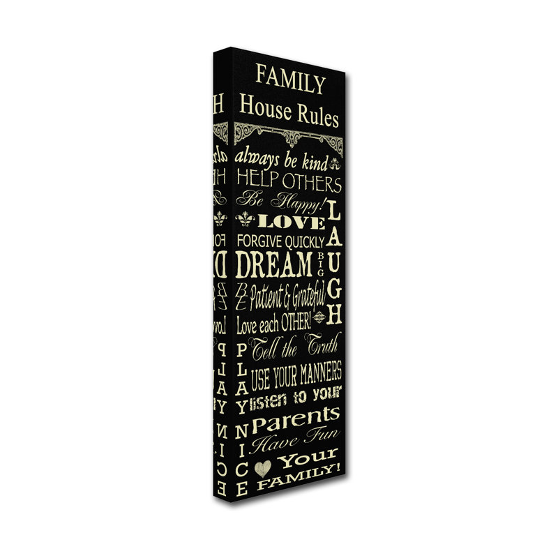 « family rules », art textuel sur toile tendue, H 24 po x l 8 po