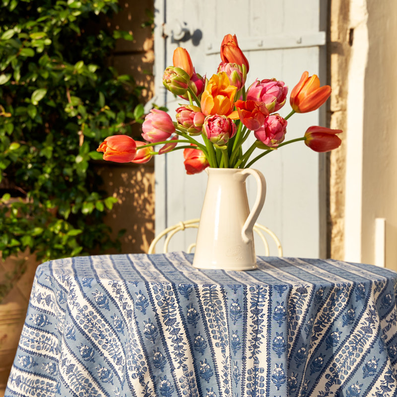 Avignon Handmade Floral Tablecloth, 128" x 71", Dijon/Blue