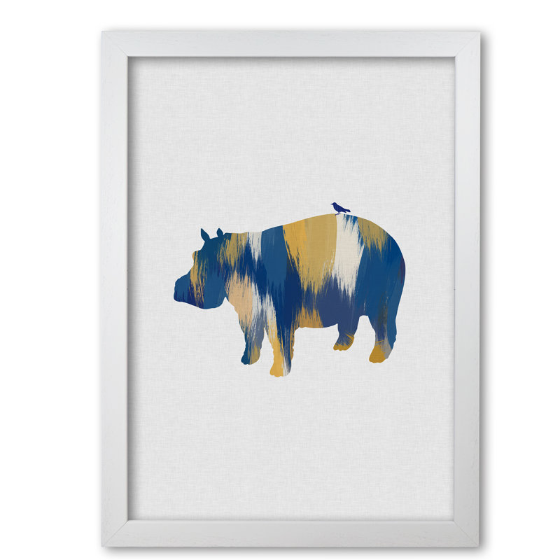 Hippo Blue & Yellow - Print, 85 cm H x 60 cm W x 5 cm D, White Grain Frame