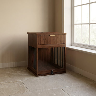 3-in-1 Dog Crate End Table with Built-In Charging Station, Wooden Pet Kennel Furniture with Hideaway Tempered Glass Door, Multi-Functional Side Table with Storage Drawer, Indoor Pet House for Small to Medium Dogs for Living Room Bedroom Home Office