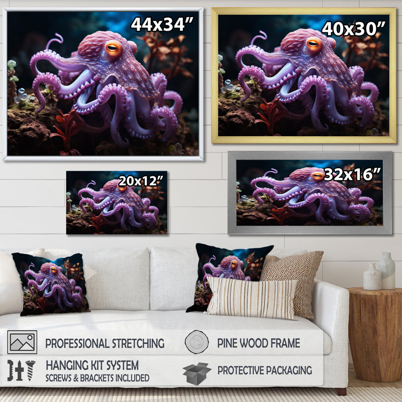 Pieuvre mauve, rencontre mystique sur toile, H 16 po x l 32 po x P 1 po, Cadre simple noir