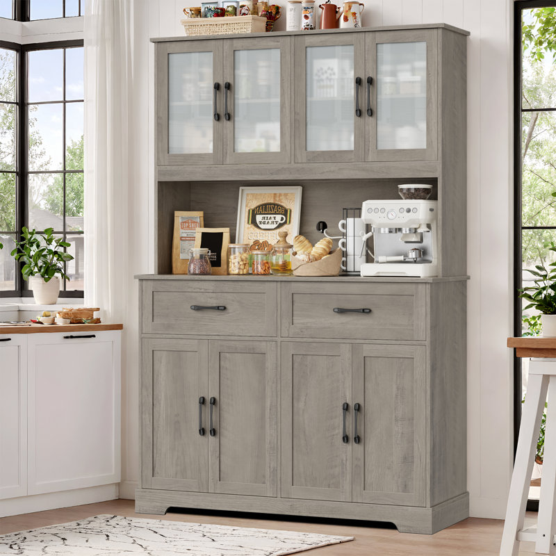 Étagère de boulanger standard Annalynne 47,2 po avec tablette pour micro-ondes, étagère de cuisine en bois avec armoire fermée et 2 tiroirs, gris délavé