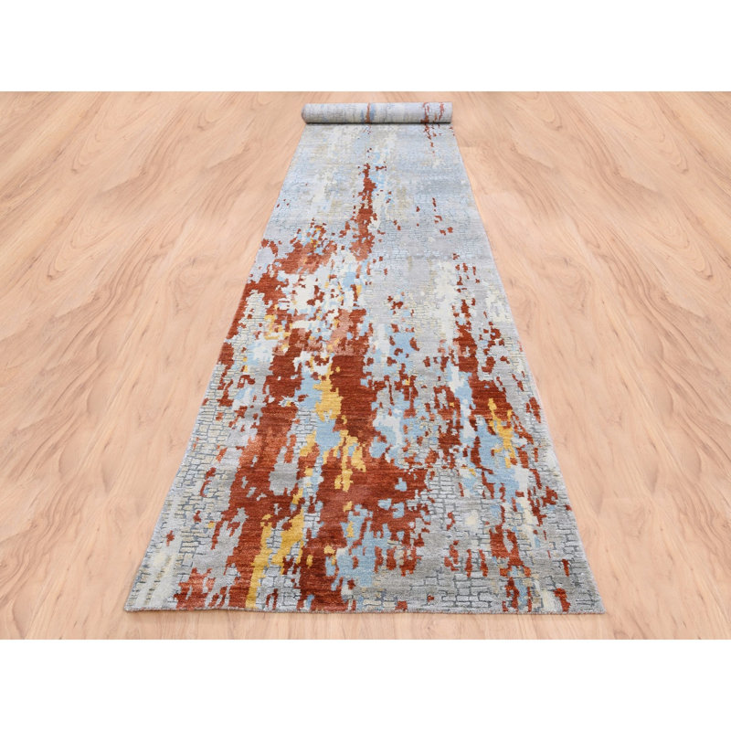 Tapis oriental gris 2 pi 7 po x 20 pi en laine et soie à motif abstrait mosaïque noué à la main 2C5C19926B6F48748A78F62628C270B7