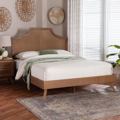 Baxton Studio Rodolfo Platform Bed - Mid-Century Modern Bed with Woven Rattan Headboard, Queen