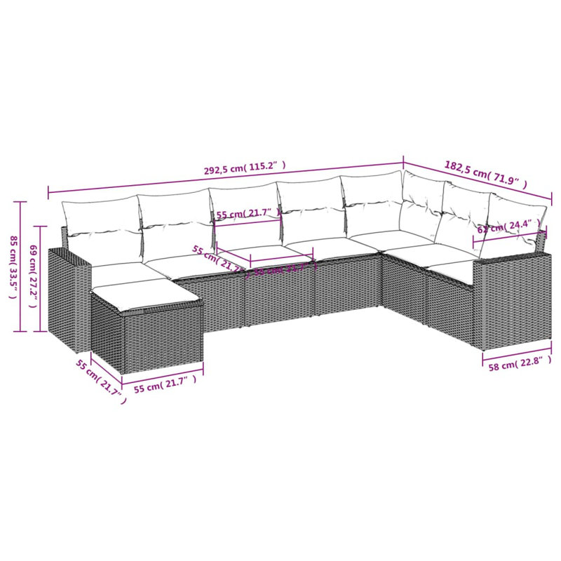 Ensemble de canapé de patio 8 pièces avec coussins pour l'extérieur, Gris, Navy