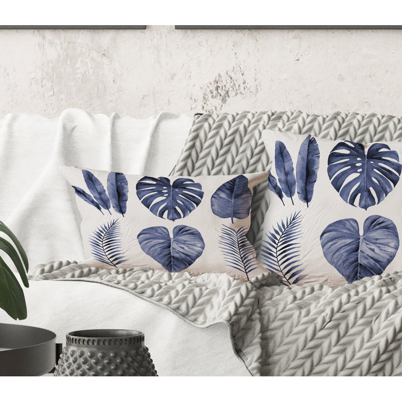 Rectangle, feuilles d'aquarelle tropicales bleues I - Coussin Farmhouse