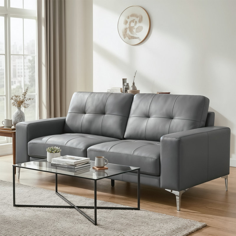 Canapé à accoudoirs carrés en cuir véritable 78,9 po Korbin, Gris