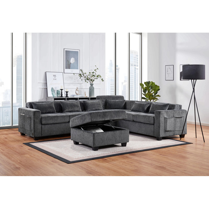 Canapé modulaire en chenille gris l 115 po Trevi avec dossier réglable, ports de chargement, poches, capitonnage, repose-pieds avec rangement, coussins décoratifs
