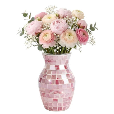 Vase en verre mosaïque, vase à fleurs décoratif pour la maison, pièce maîtresse pour le salon, la cuisine, la chambre à coucher, bureau (rose)