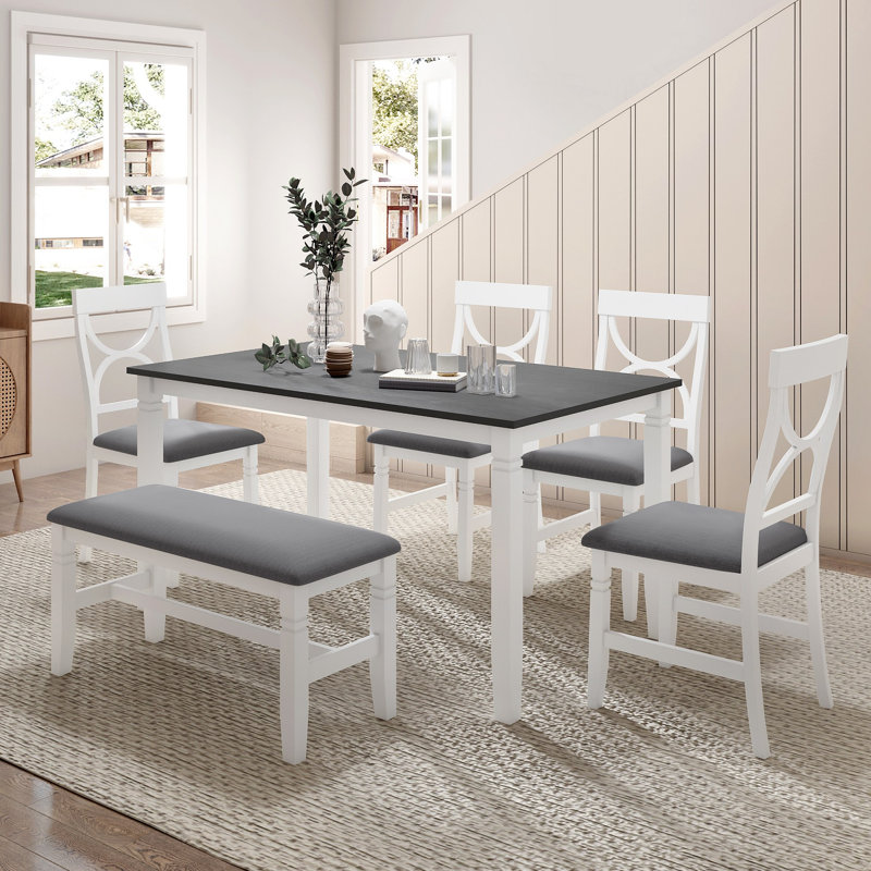 Ensemble de 6 tables de salle à manger en bois avec banc rembourré et 4 chaises de style campagnard