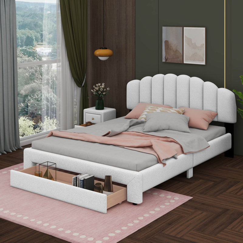 Lit plateforme tapissier grand avec table de chevet Andam Teddy, Blanc