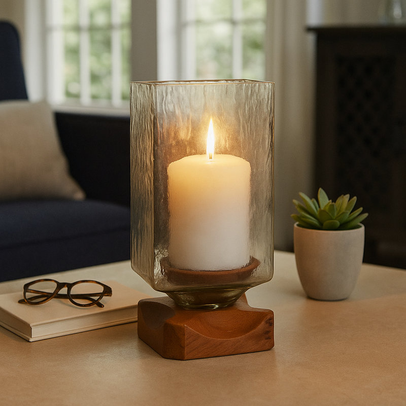 Glass and Wood Pillar Candle Holder, Modern Transitional Taper Holder with Square Base, Decorative Accent for Home Decor