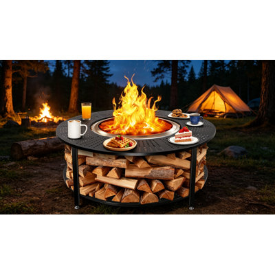 40" Compact Fire Pit Surround Tabletop Heavy Duty Steel 200LB Capacity with Wood Shelf