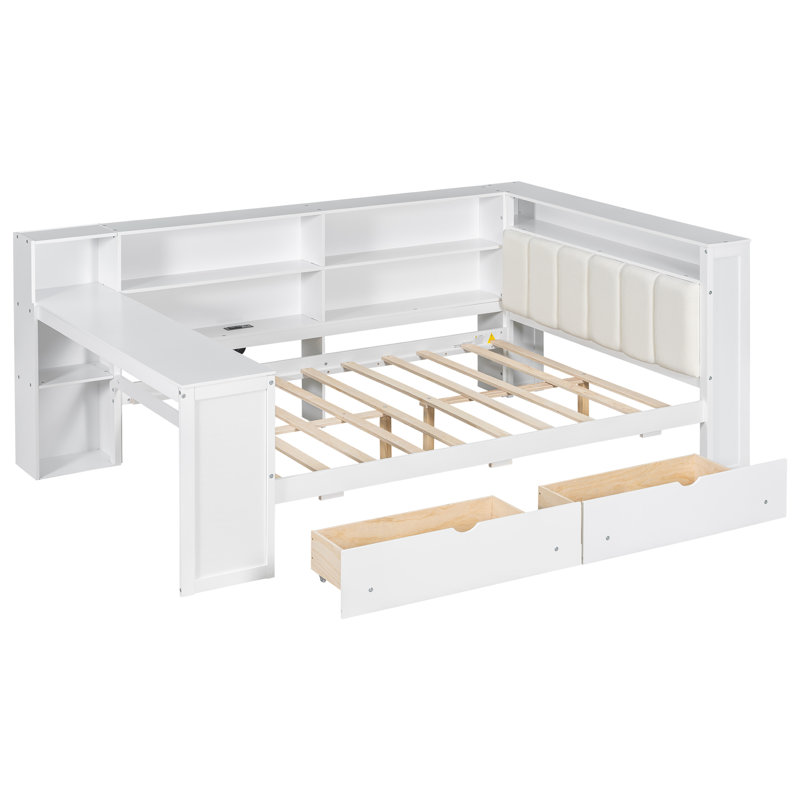 Lit plateforme Marquece avec éclairage à DEL intégré, station de charge, bureau et tête de lit tapissier, Blanc