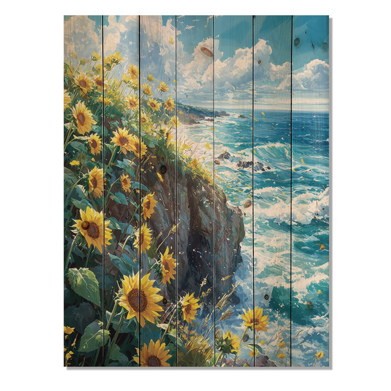 Tournesols océaniques à la côte I - Décoration murale en bois de tournesols - sur bois de pin naturel