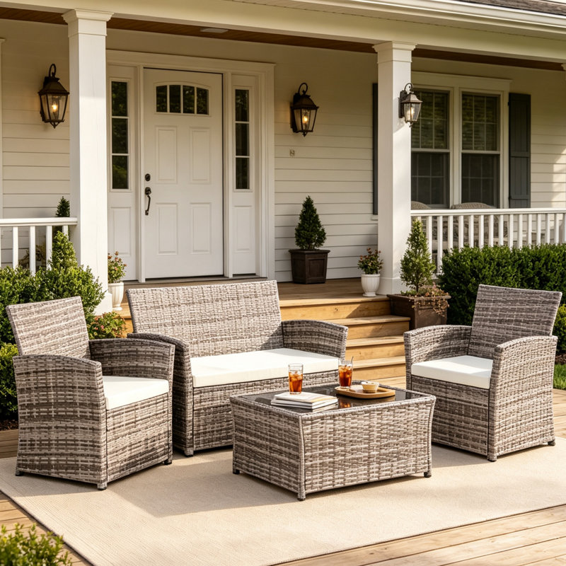 Ensemble de conversation pour patio pour 4 personnes avec coussins, Beige