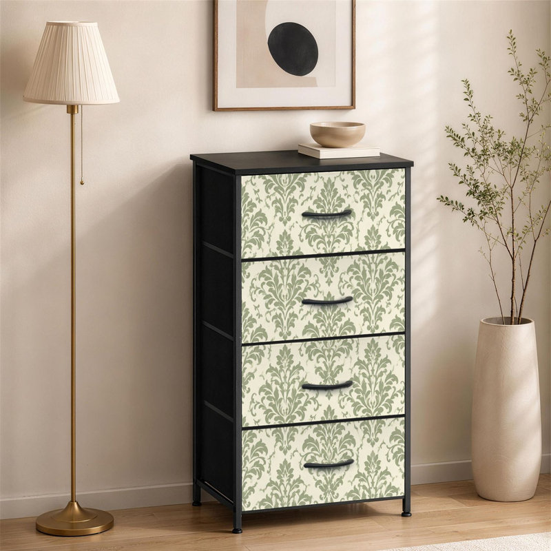 Commode 4 tiroirs pour chambre à coucher Crème damassée vintage vert crème