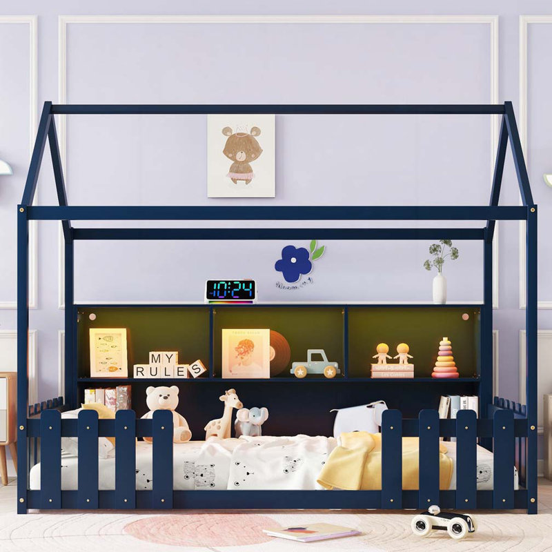 Lit de rangement avec bibliothèque, Bleu marine
