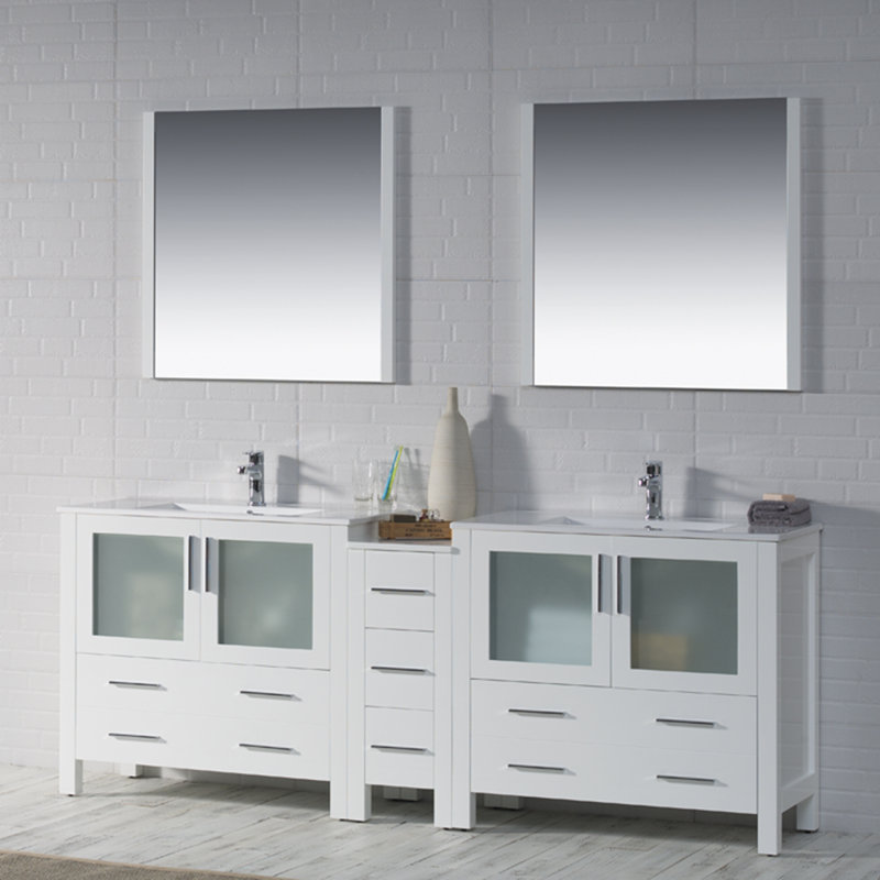Ensemble de meuble-lavabo double 85 po avec miroir Mance, Blanc lustré