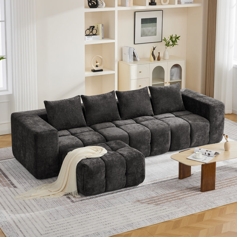 Ensemble de canapé modulaire avec repose-pieds Boneless, Chenille noir, 25" H x 119.3" W x 39.4" D