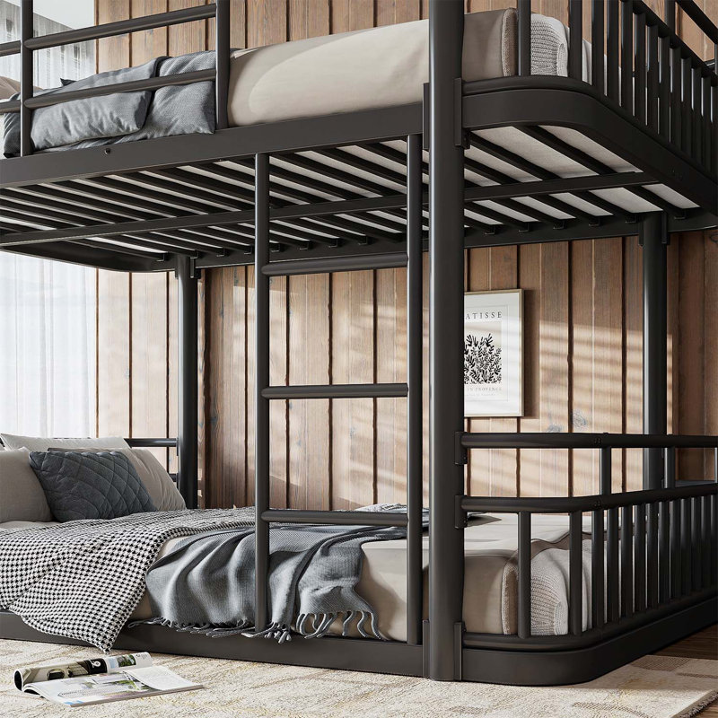 Lit superposé double au-dessus de double avec échelles et garde-corps, structure en métal à tuyaux ronds améliorés, élégant et polyvalent pour toutes les pièces, adolescents et adultes, noir