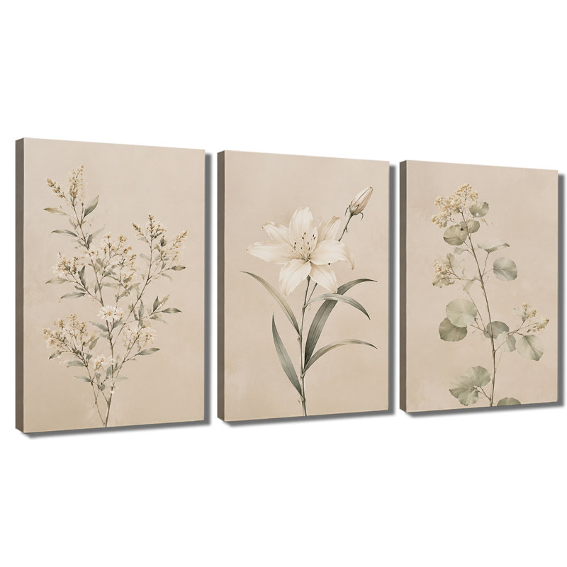Tableau mural à 3 panneaux, motif botanique neutre de lys et d'eucalyptus, impression sur toile, décoration murale florale
