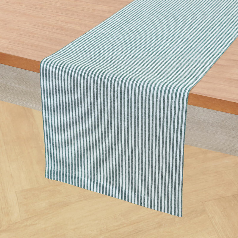 100% Pure Linen  Table Runner - Narrow Stripe, Rainforest/White, 108" x 14"