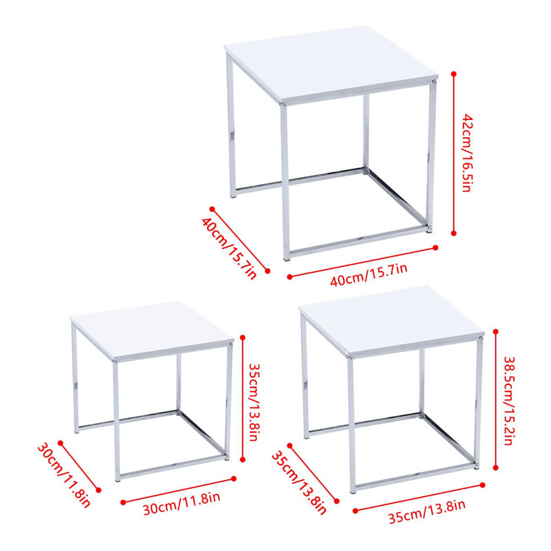 Living Room Nesting Coffee Table Set Of 3 High Glossing Marble Effect, Small Square Side Sofa Table 3 In 1 Nested Table Corner Little End Table Stackable Tabletop With Chrome Frame