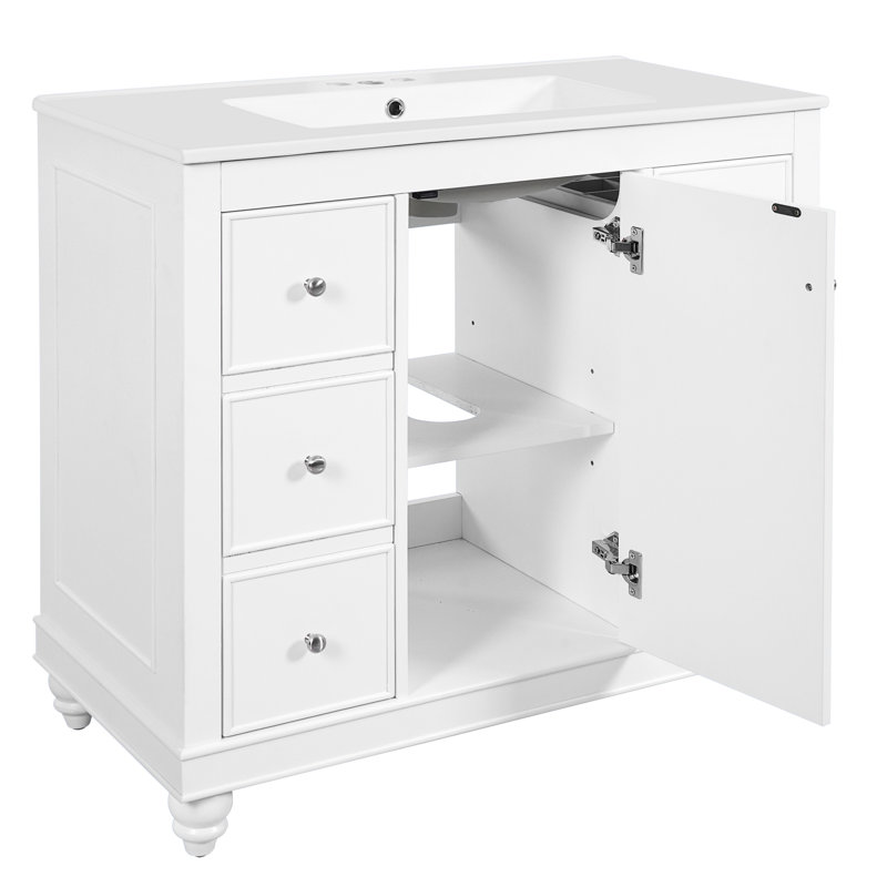 Meuble-lavabo moderne de 36 po, tablette réglable en forme de U, finition lisse peinte, meuble-lavabo blanc à fermeture en douceur de 36 po avec lavabo en céramique, rangement à tiroirs multiples et fonctionnalité