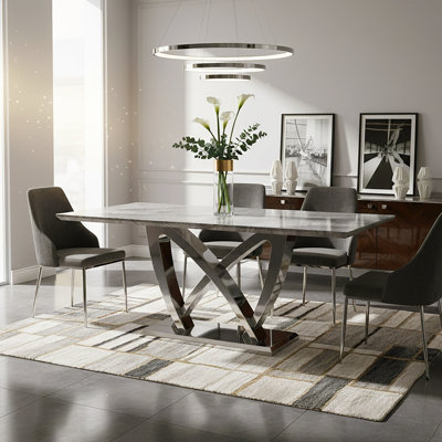 Zivella 70" Modern Glam Rectangle Dining Table With Faux Marble Top And Chrome-Plated Base