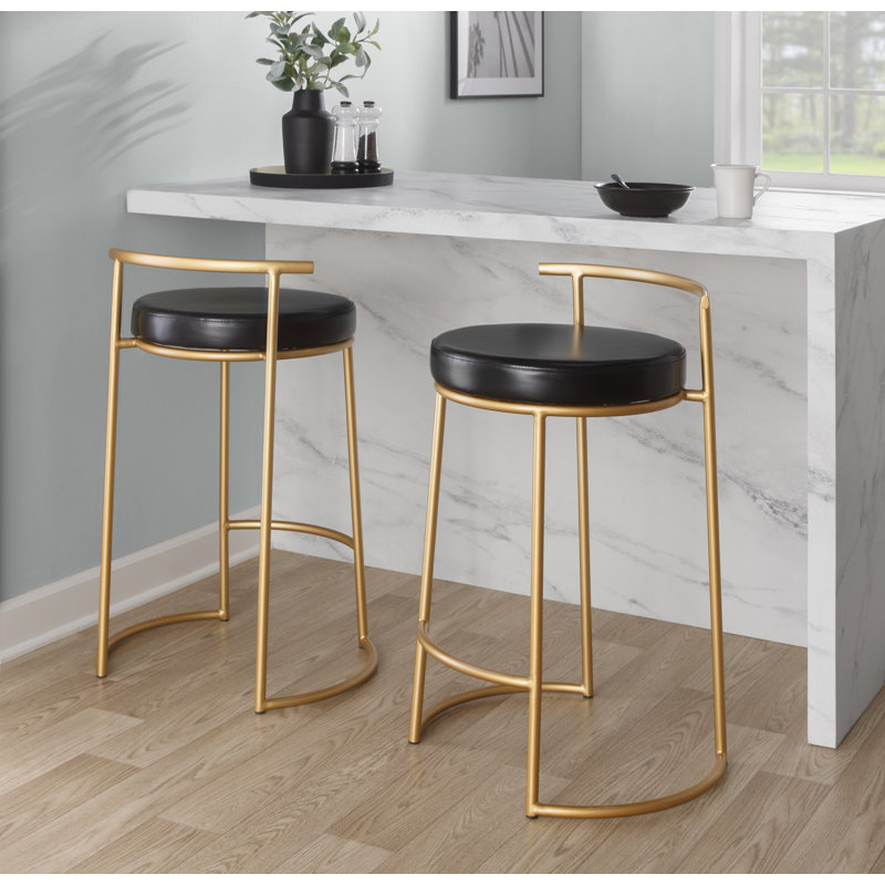 Tabouret de comptoir rond 26 po Ernestine, Métal doré, Similicuir noir