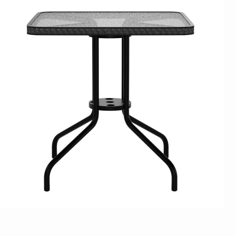 28'' Square Tempered Metal Table with Rattan Edging, Black