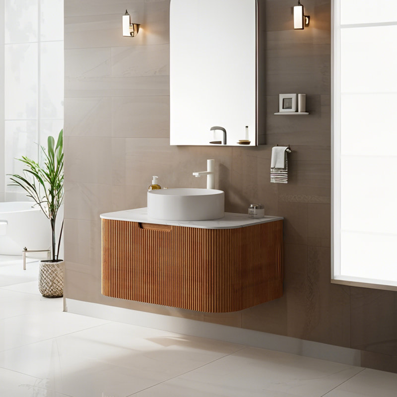 Meuble-lavabo de salle de bain avec lavabo, armoire de rangement murale rayée, Bois naturel, 30"