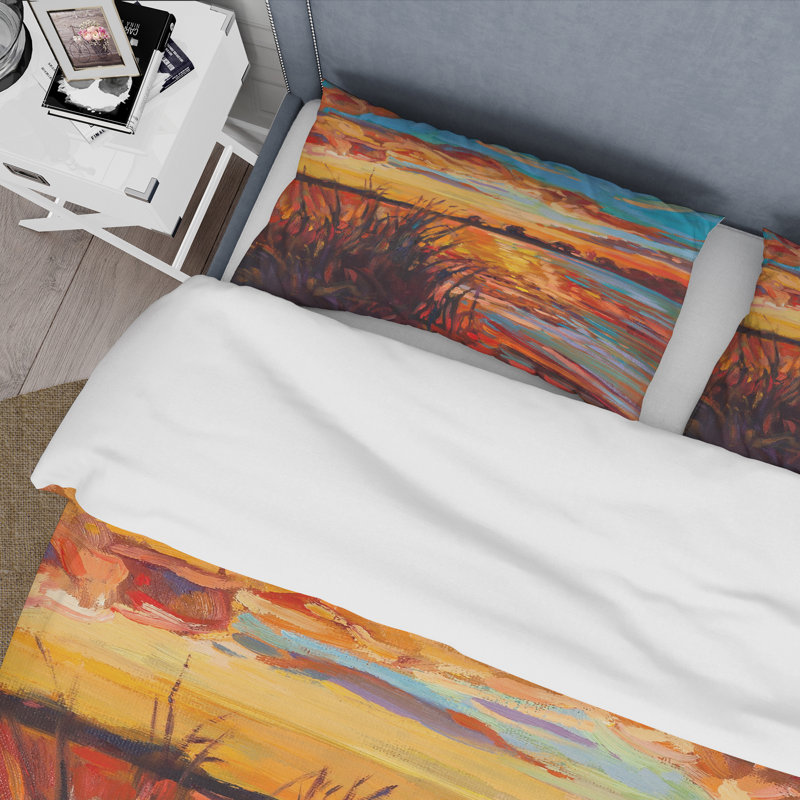 Sunset Glow At The Lake I - Ensemble de housse de couette nautique et côtier - Polyester en microfibre