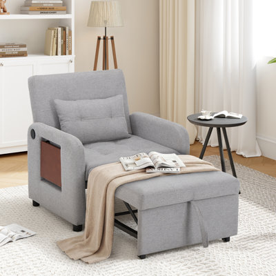 Modern 33.86" Wide 3-in-1 Convertible Pull Out Upholstered Sleeper Accent Chair with USB Port & Side Table