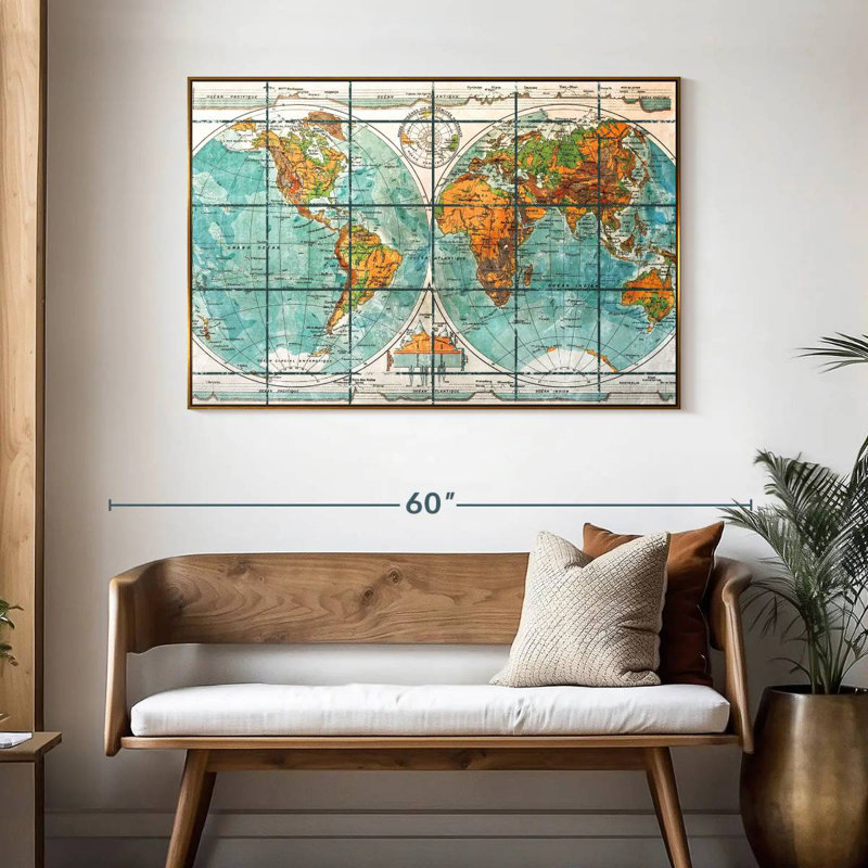 Globe World Map, 46" X 31", Floating Frame Gold